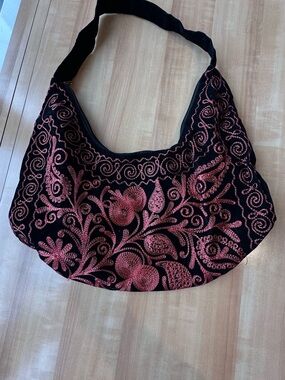 Embroidered Black Shoulder Bag with Rose Metallic Detail